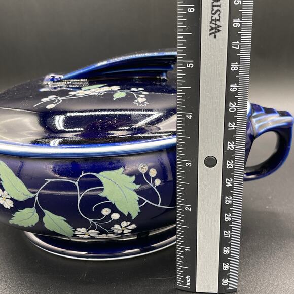Vtg Hall China Sundial Casserole Dish with Lid - Cobalt Blue Garden Decal - Picture 10 of 10